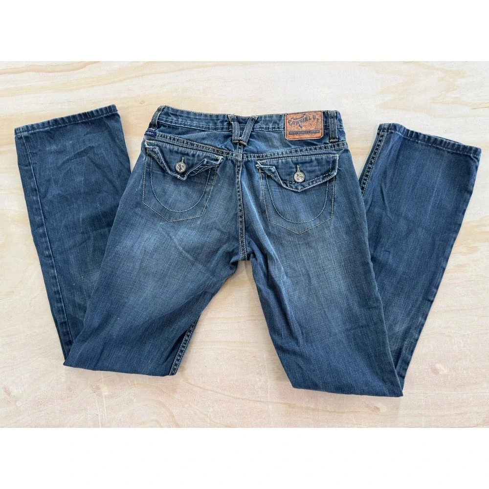 Cowgirl Up Bootcut Womens Jeans 2/27x34 Blue Denim  Leg Flap Pocket  Ranch Rodeo